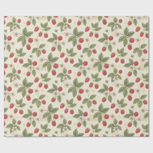 Papier Cadeau Raspberry Fruit Bunches with Leaves and Blossom (Plat)