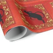 Papier Cadeau Rat noir chinois Zodiac animal rouge et or (Coin rond)