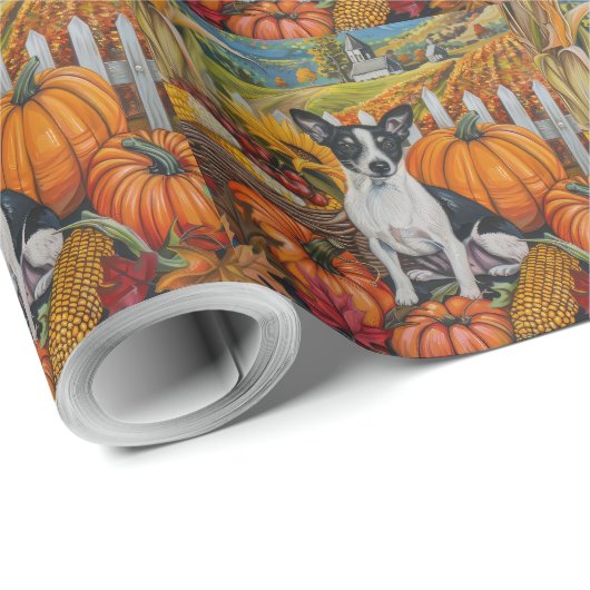 Papier Cadeau Rat Terrier Chien Moisson Automne Thankgiving (Coin rond)