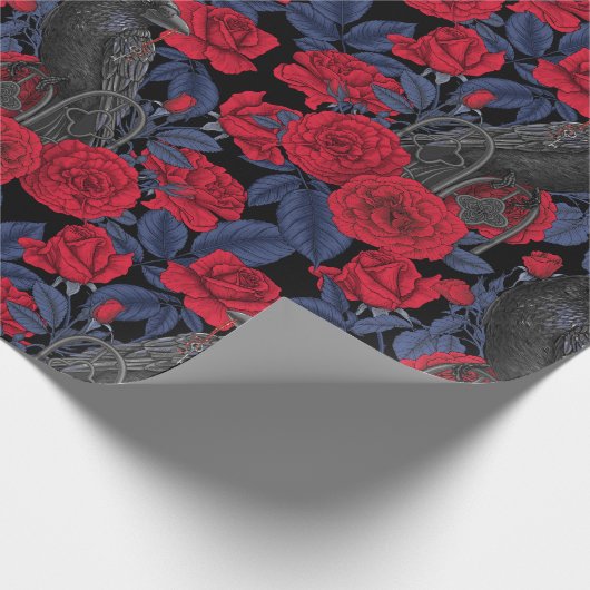 Papier Cadeau Ravages et roses avec des feuilles bleu foncé (Coin)