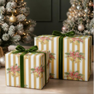Papier cadeau rayé or cloches gui vintage