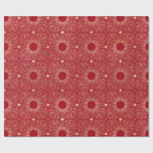 Papier Cadeau Rayons de soleil, Étoiles, Astrologique, Or, Rouge (Plat)