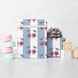Papier Cadeau Rayure Bleue et Blanche Cerises