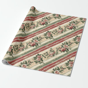 Papier Cadeau Rayure de feuillage floral rouge de Noël Héritage
