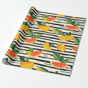 Papier Cadeau Rayure de fruit tropical jaune orange rose et vert