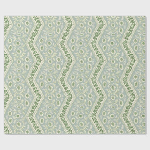 Papier Cadeau Rayure florale vert et écume de mer, Vigne en zigz