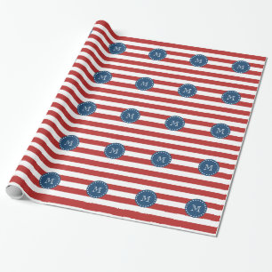 Papier Cadeau Rayures blanches rouges motif, monogramme de bleu