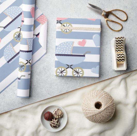 Papier Cadeau Rayures Bleues et Blanches Poussette (Artisanat)