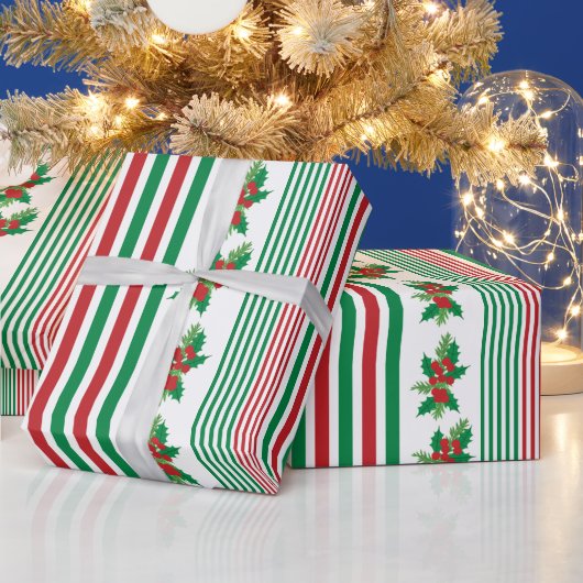 Papier Cadeau Rayures Classiques avec Houx (Vacances)