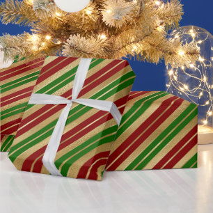 Papier Cadeau Rayures de Noël rouges, dorées et vertes pour les
