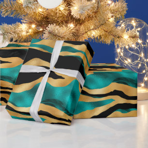 Papier Cadeau Rayures de tigre sarcelle or Animal abstrait gla