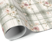 Papier Cadeau Rayures écossaises vertes bordeaux fleurs crème An (Coin rond)