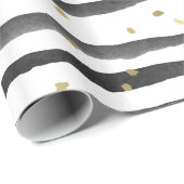 Papier Cadeau Rayures et points noirs d'aquarelle d'or blanc (Coin rond)