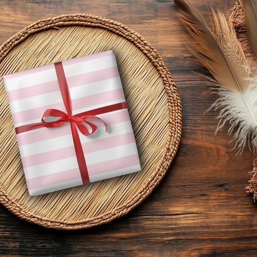 Papier Cadeau Rayures horizontales larges rose pastel et blanc
