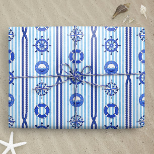 Papier Cadeau Rayures Nautiques Bleues avec des Motifs Maritimes