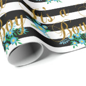 Papier Cadeau Rayures noires et blanches élégantes avec floral (Coin rond)