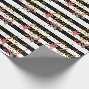 Papier Cadeau Rayures noires et blanches élégantes avec floral