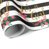 Papier Cadeau Rayures noires et blanches élégantes avec floral (Coin rond)