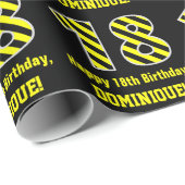 Papier Cadeau Rayures noires et jaunes "18" ; 18e anniversaire + (Coin rond)