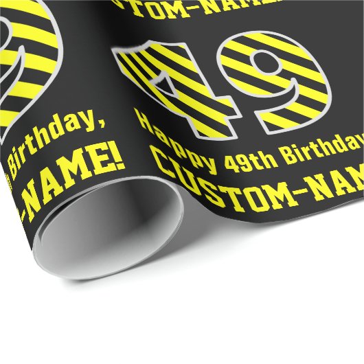 Papier Cadeau Rayures noires et jaunes "49" ; 49e anniversaire + (Coin rond)