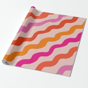 Papier Cadeau Rayures Rétro Vagues Abstraites Rose Rouge Orange