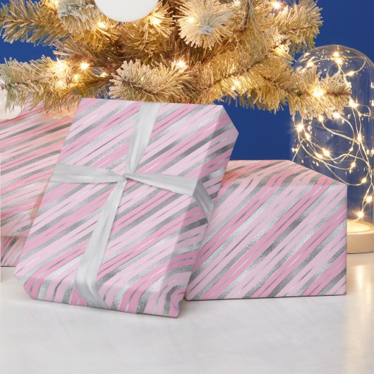 Papier Cadeau Rayures rose clair et argent (Vacances)