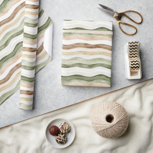 Papier Cadeau Rayures Vert Crème Marron (Artisanat)