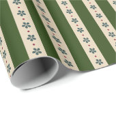 Papier Cadeau Rayures Vertes Et Crème Et Fleurs (Coin rond)