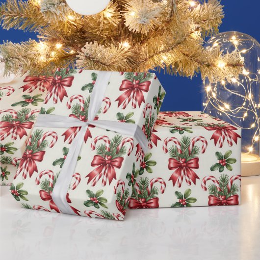 Papier Cadeau Red and White Candy Cane Ribbon Christmas Pattern (Vacances)
