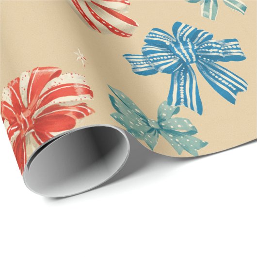 Papier Cadeau Red, Blue, Green, White Bow Pattern (Coin rond)