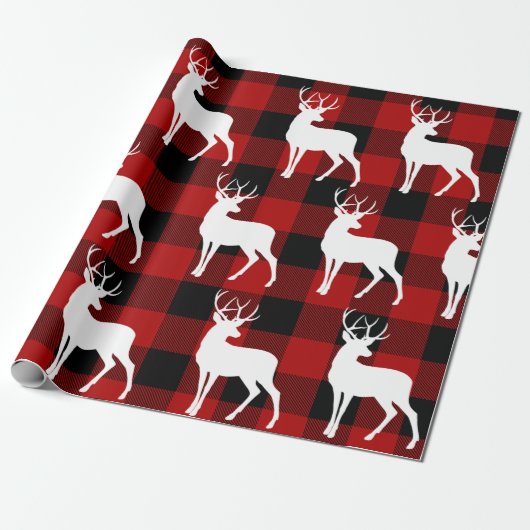 Papier Cadeau Red Buffalo Plaid & White Deer Christmas (Déroulé)