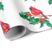 Papier Cadeau Red Cardinal Bird sur Holly Berry Branch Noël (Coin rond)