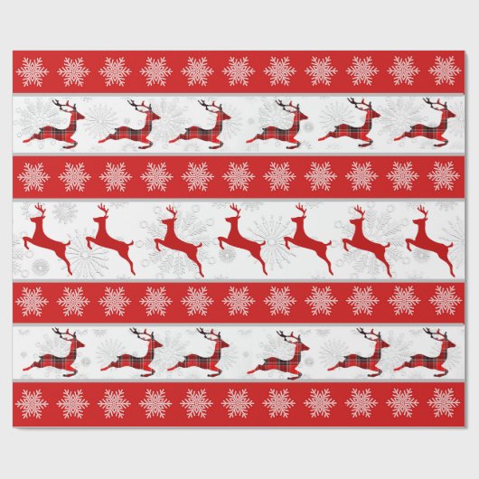 Papier Cadeau Red Christmas Deer Red & White Snowflake Motif (Plat)