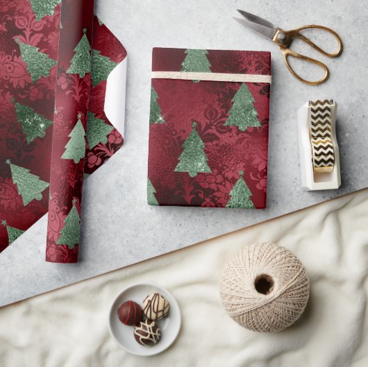 Papier Cadeau Red Damask Green Metallic Noël (Artisanat)