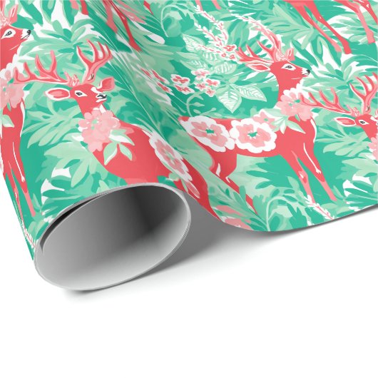 Papier Cadeau Red et Green Preppy Christmas Reindeer (Coin rond)