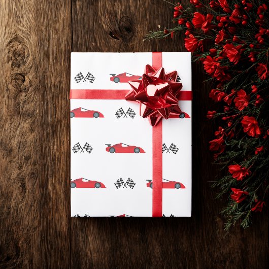 Papier Cadeau Red Fast one retro voiture de course à damiers dra