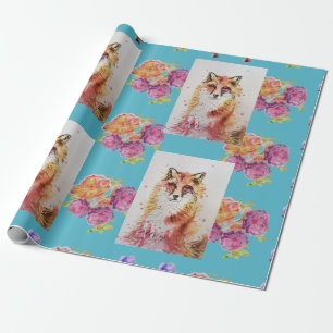 Papier Cadeau Red Fox Watercolor Woodland Rose Turquoise Animal 