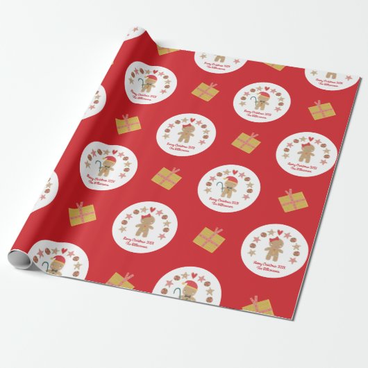 Papier Cadeau Red Gingerbread Cookie Script Personnalisé Nom Cut (Déroulé)