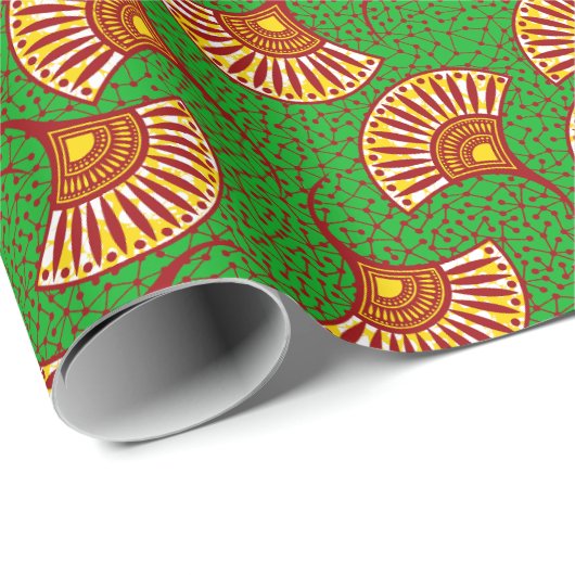 Papier Cadeau Red Gold And Green Ankara Fan Print Wrappin (Coin rond)
