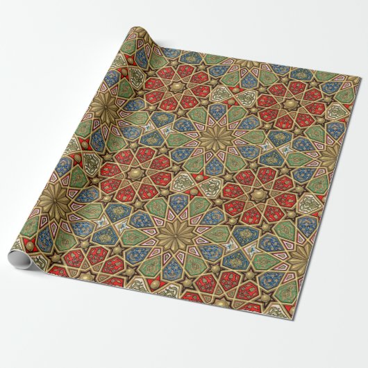 Papier Cadeau Red Green Blue Faux Gold Motif d'art arabe (Déroulé)