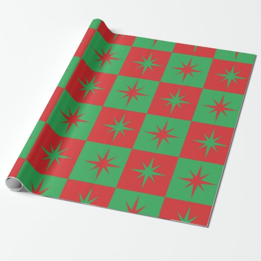 Papier Cadeau Red green checkered retro Christmas  starbursts  (Déroulé)
