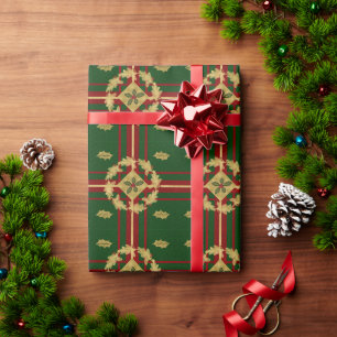 Papier Cadeau Red Green et Gold Holly et Berry avec des raypes