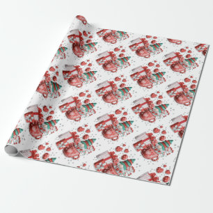 Papier Cadeau Red Green Noël Gnome Teacup Coeurs Cadeaux Star