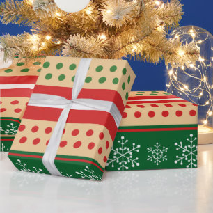 Papier Cadeau Red Green White Snowflakes Pois
