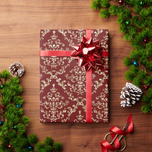 Papier Cadeau Red Holiday Parties scintillant or Noël Damask Ele (Cadeau de vacances)