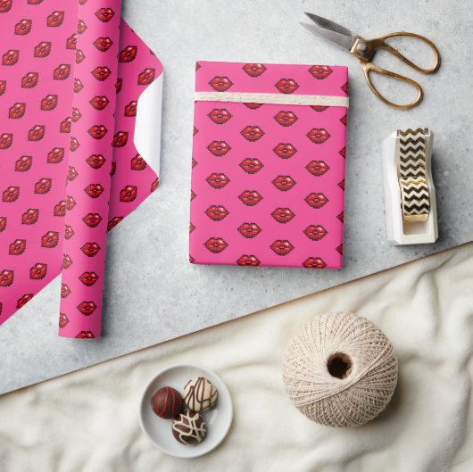 Papier Cadeau Red Lips Valentines Baisers Pixel Motif d'art (Artisanat)