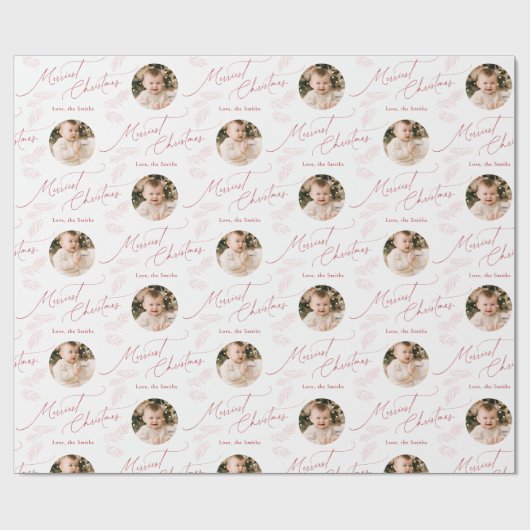 Papier Cadeau Red Modern Script Merry Christmas Family 2 photo (Plat)