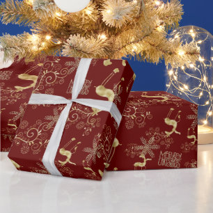 Papier Cadeau Red Noir Or Reindeen sur Rouge foncé