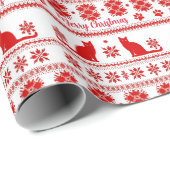 Papier Cadeau Red Nordic Snowflake Sitting Cat Christmas (Coin rond)