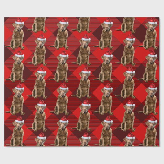 Papier Cadeau Red Plaid Chesapeake Retriever Père Noël Chien Noë (Plat)